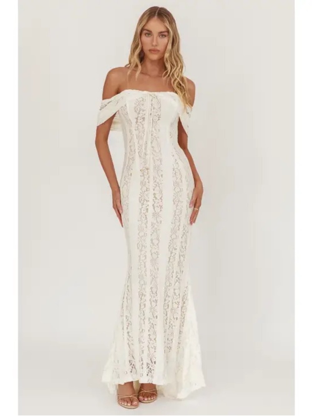 Off-Shoulder Strapless Lace Maxi Dress in White